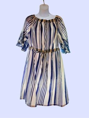 Striped Navy and Cream Belted Peasant Dress